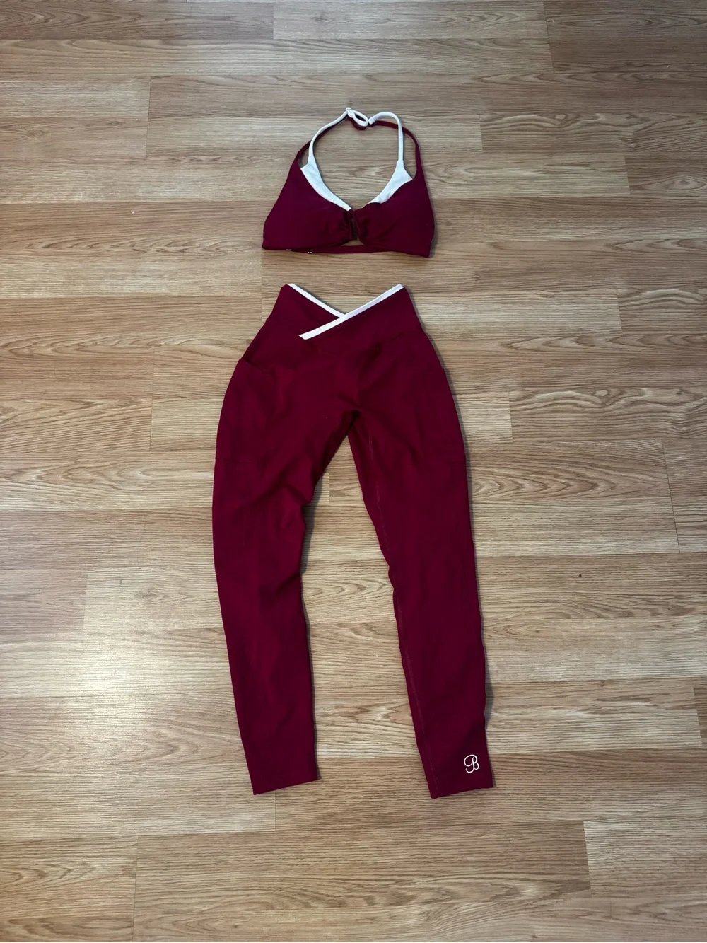 Bombshell Sportswear Maroon Halter Bra and Leggings Set - White Trim
